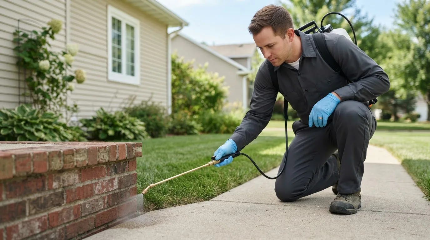 Pest control technician treating a home near Dalton, NE