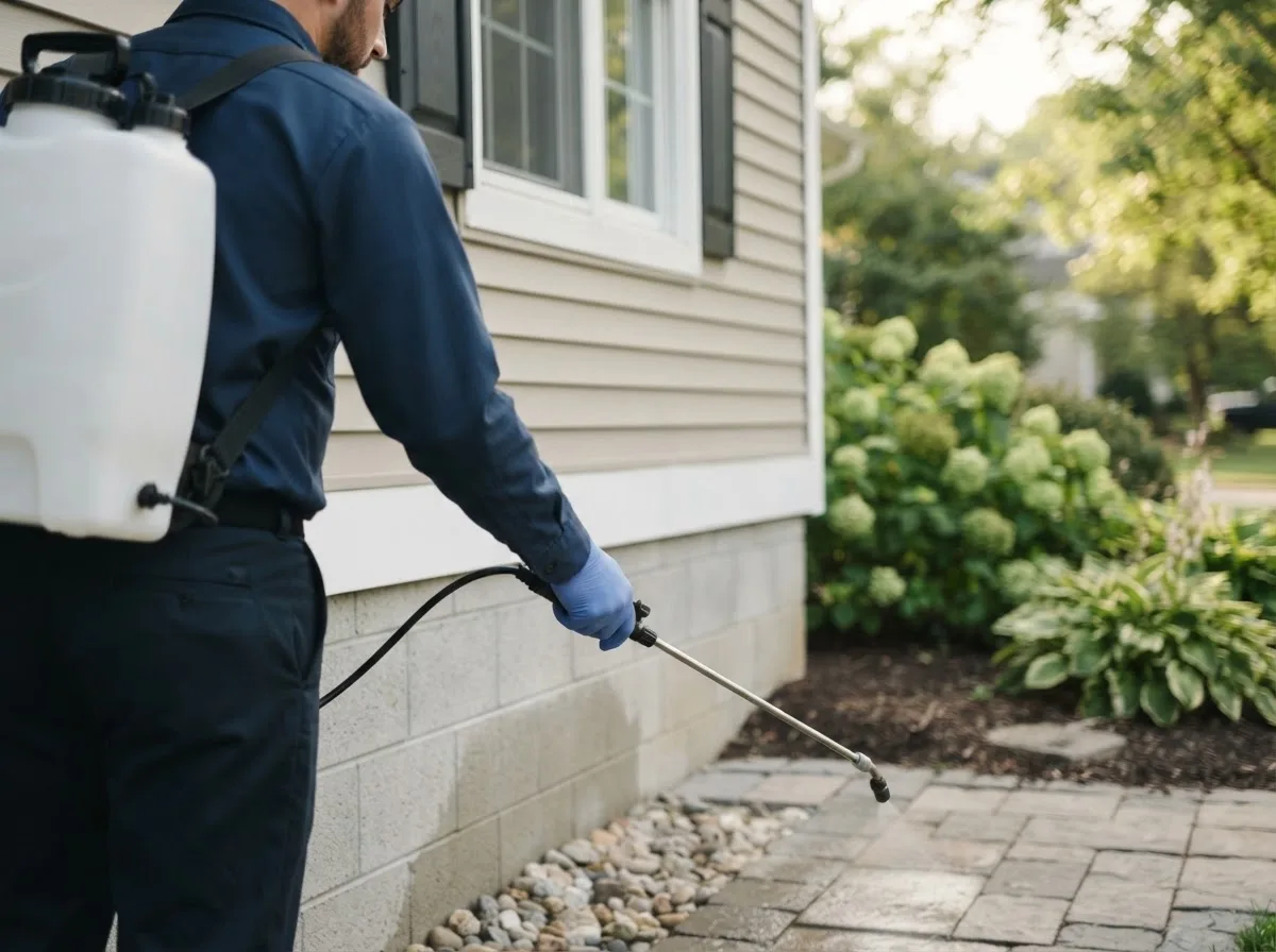 Pest control technician inspecting a home in Dalton, NE